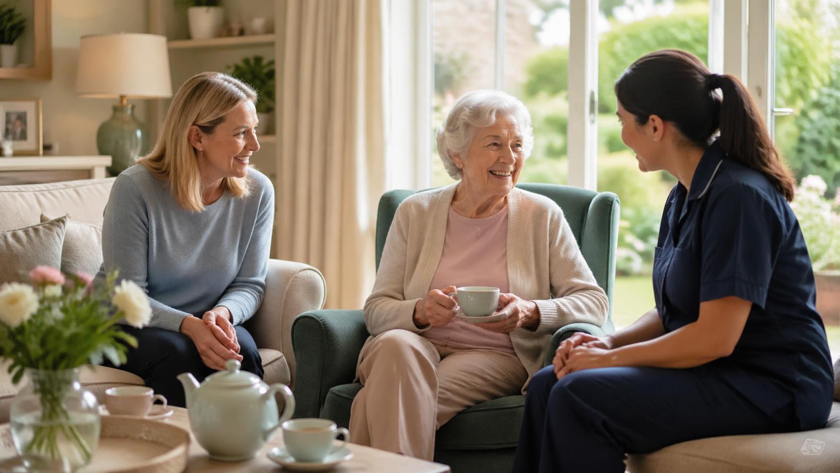 Carer supporting an older woman at home in East Sussex