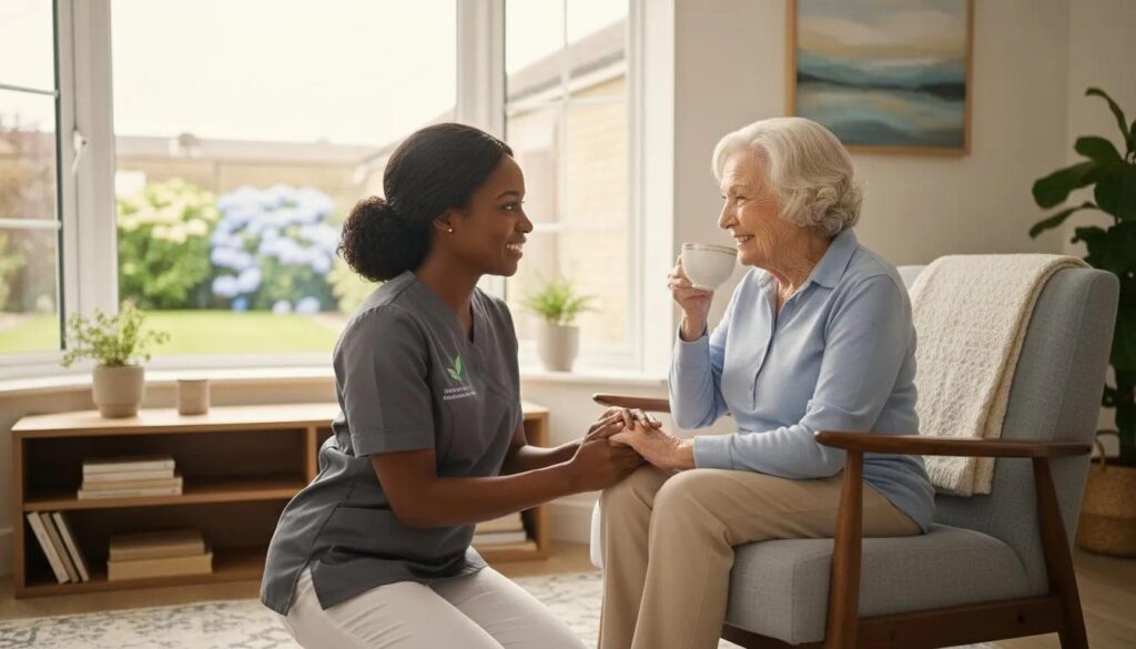 Professional caregiver providing home care in Eastbourne while supporting an elderly woman in the comfort of her own home.