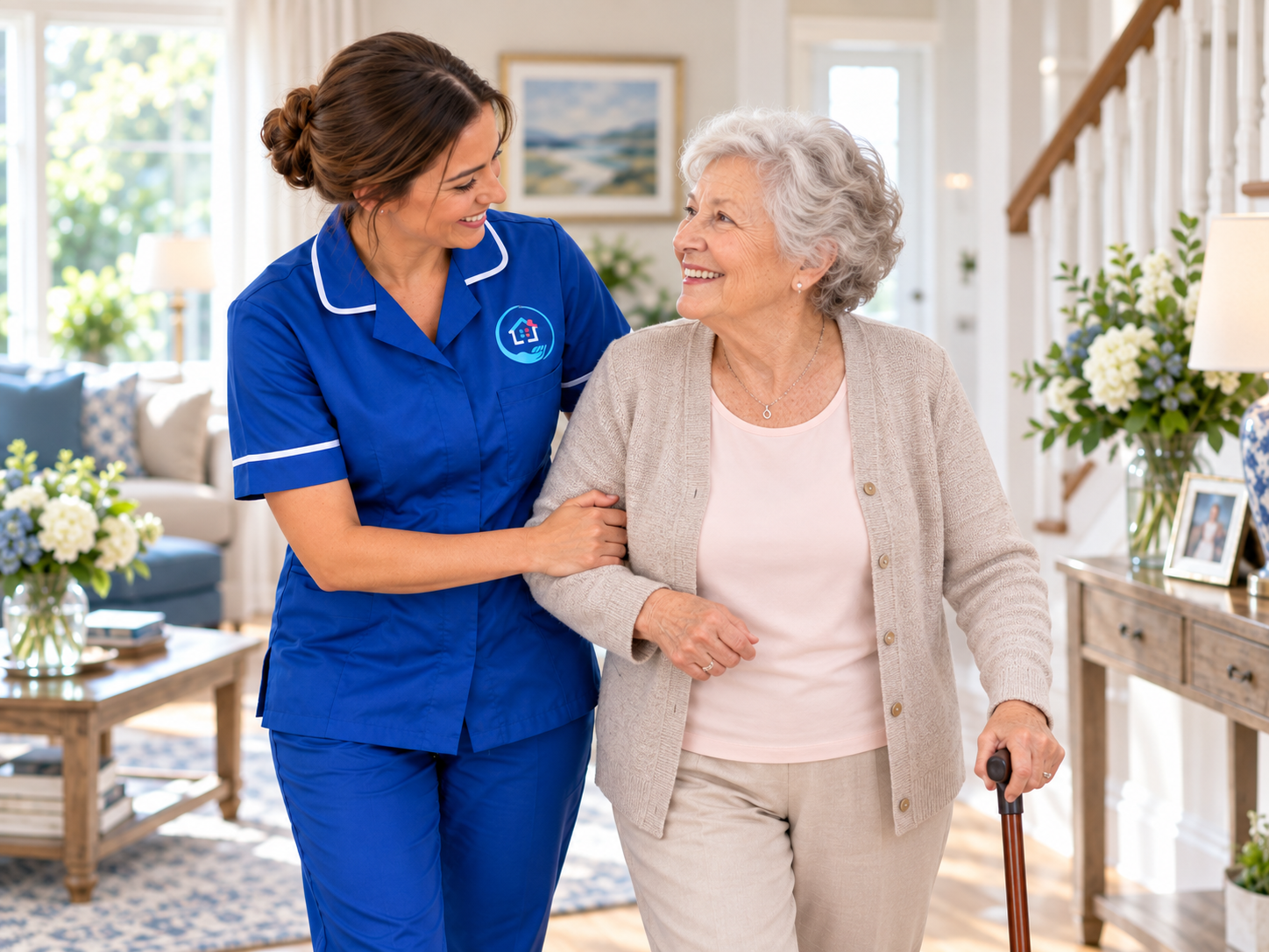 Home carer supporting an older woman in Eastbourne