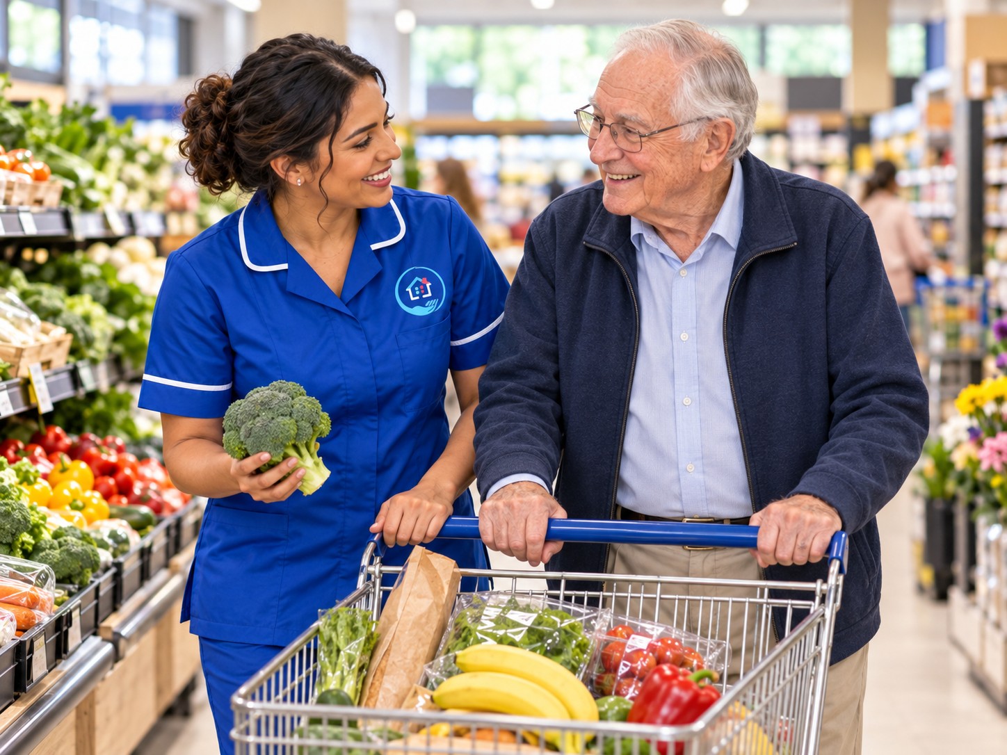 Carer supporting an older man at home during a respite booking