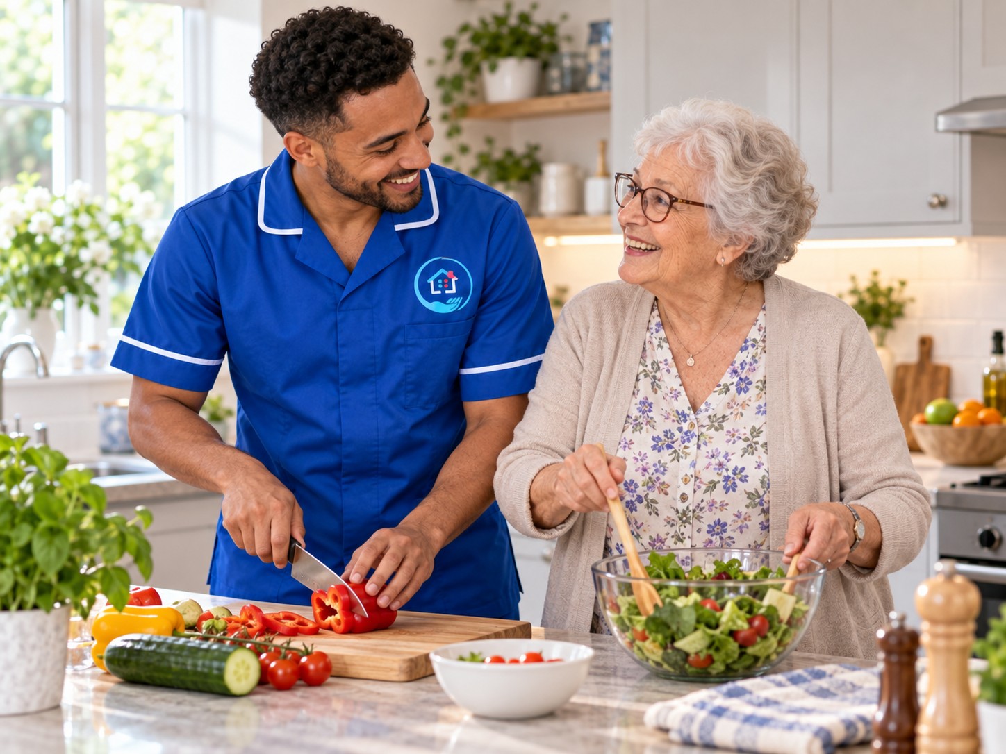 Live-in carer and an older woman sitting together at home