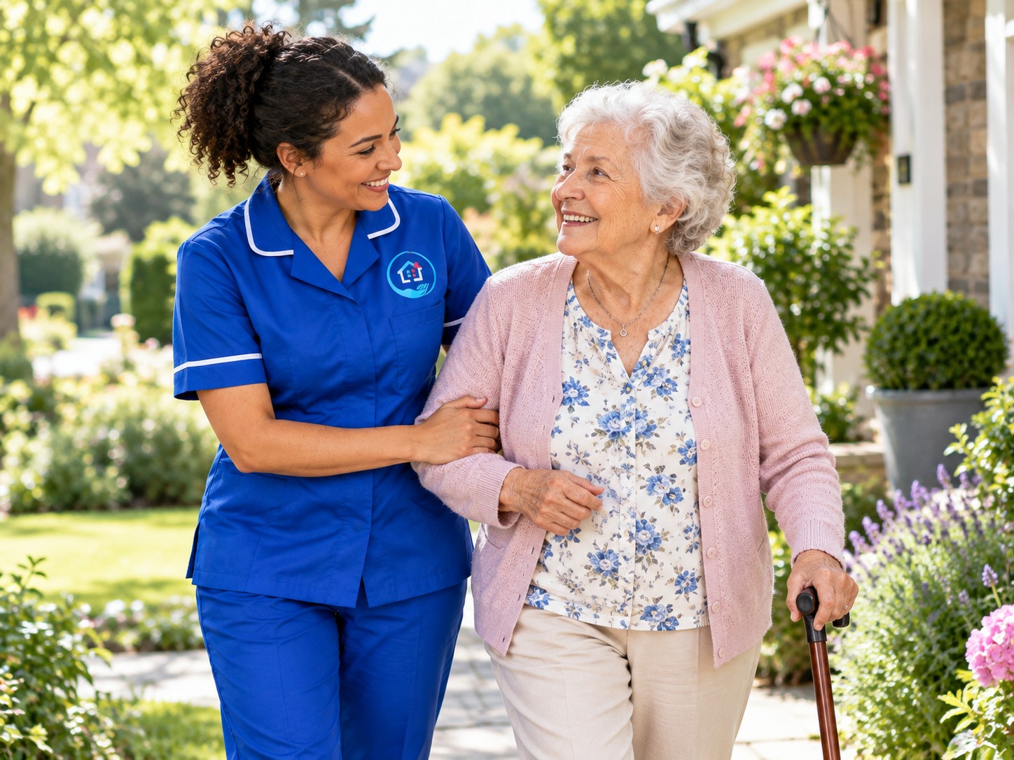 Live-in carer and an older woman together in her kitchen at home
