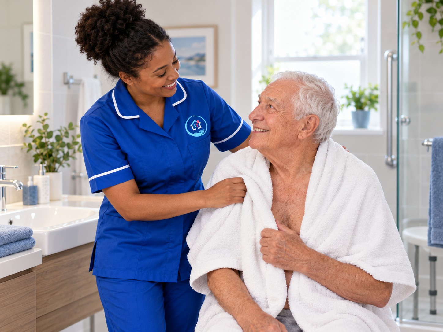 Live-in carer and an older woman together in her kitchen at home