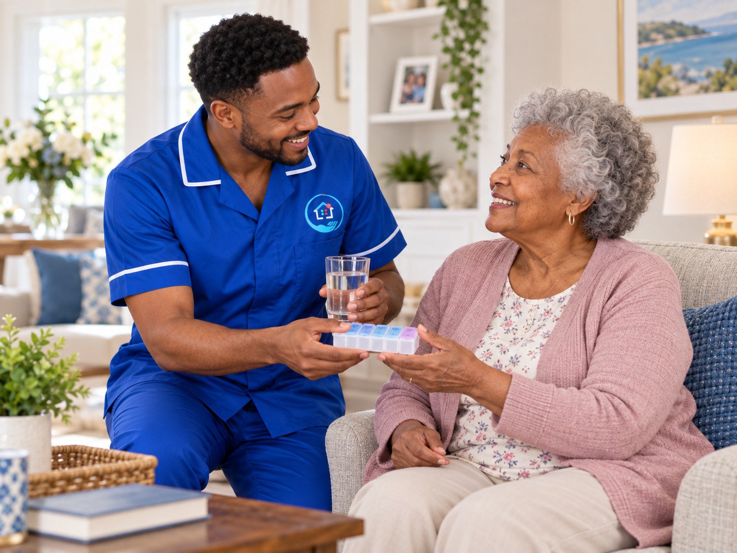 Carer supporting an older man at home while his family carer takes a break