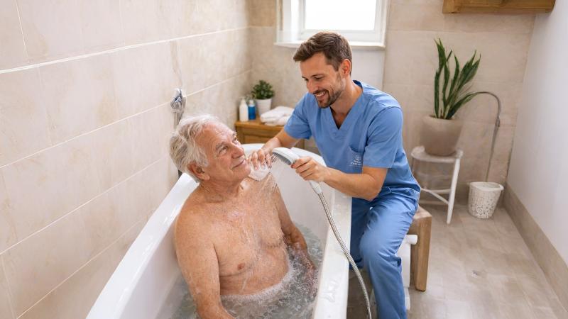 Carer supporting an older client with specialist care needs