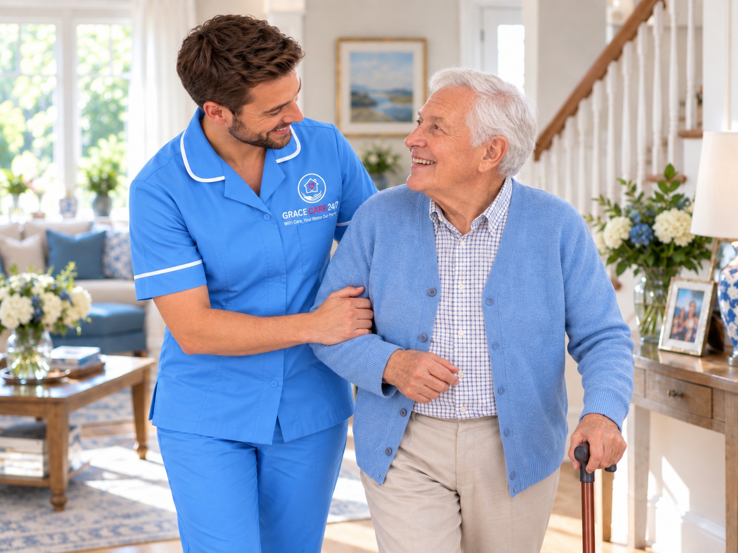 A care professional sitting with an older man at home