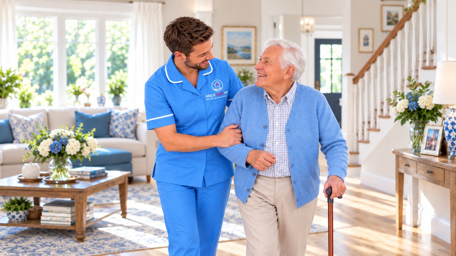 Grace Care 24/7 carer supporting a client at home in Eastbourne