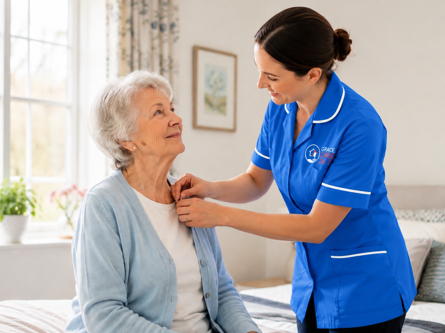 Carer helping an older woman at home in Hastings