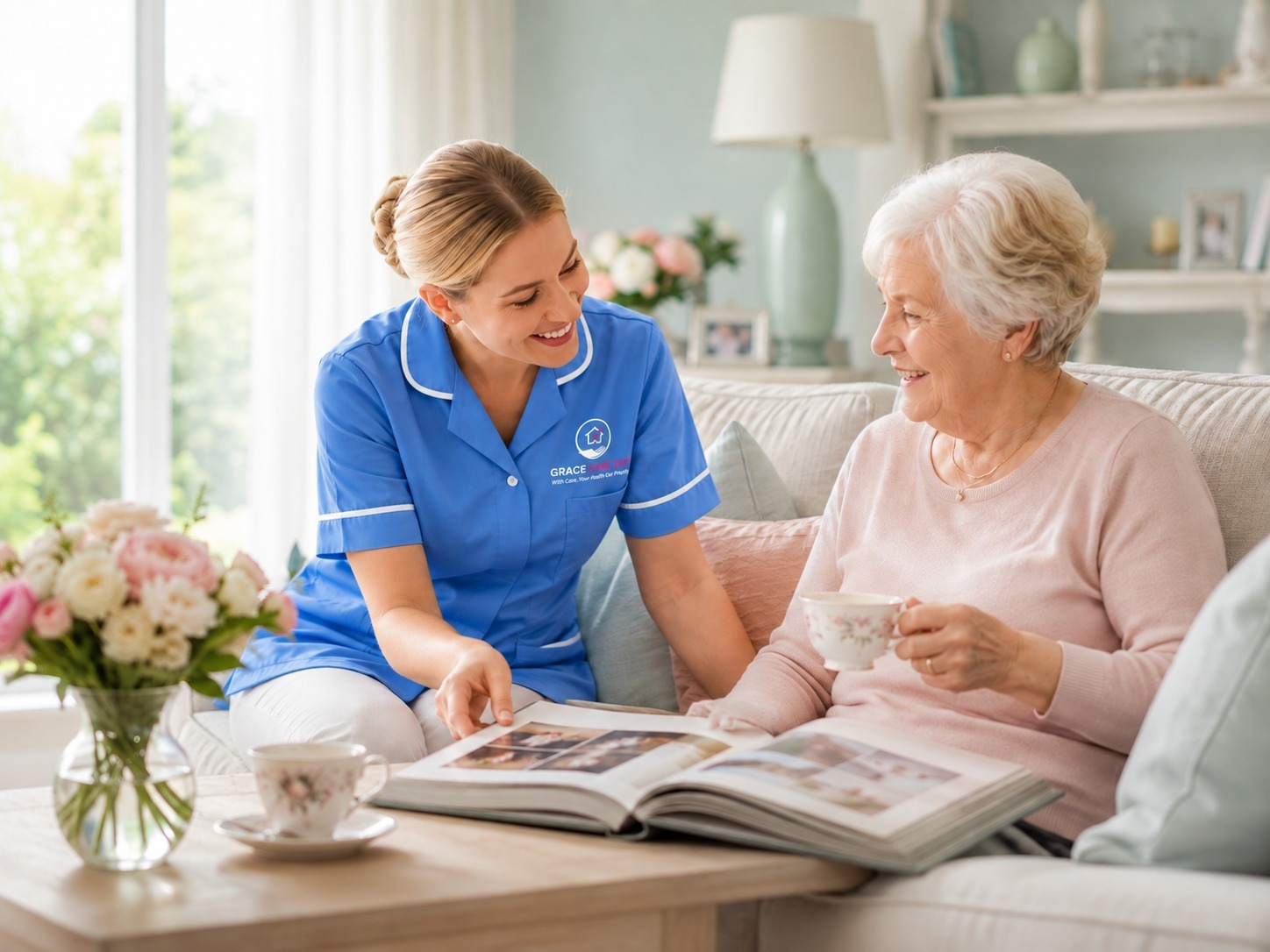 Carer supporting an older client at home in Peacehaven