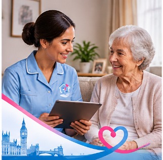 Grace Care 24/7 carer reviewing a personalised care plan on a tablet with an elderly woman