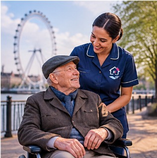 Smiling carer supporting an elderly man in a wheelchair on an outdoor walk