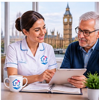 Grace Care 24/7 care coordinator discussing care needs with an older man using a tablet