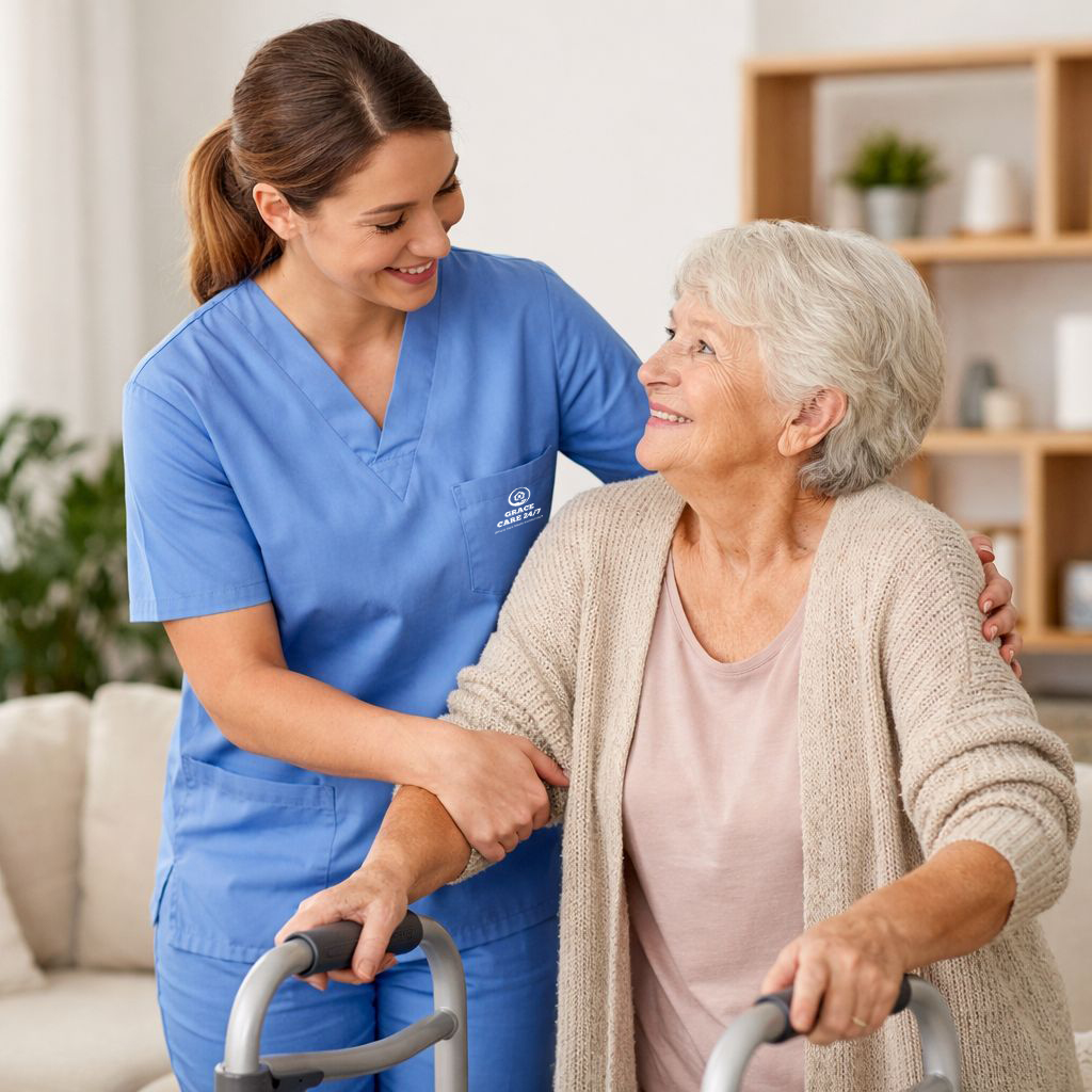 Carer supporting an older woman at home in East Sussex