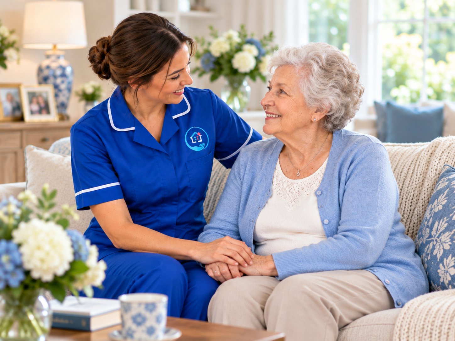 Carer and an older woman together in her kitchen at home