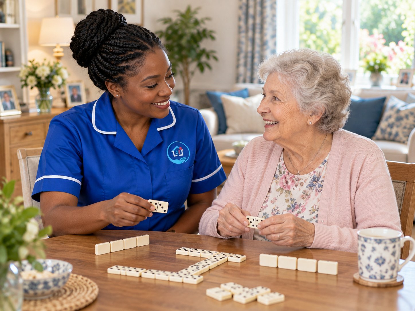 Carer and an older woman sitting together at home