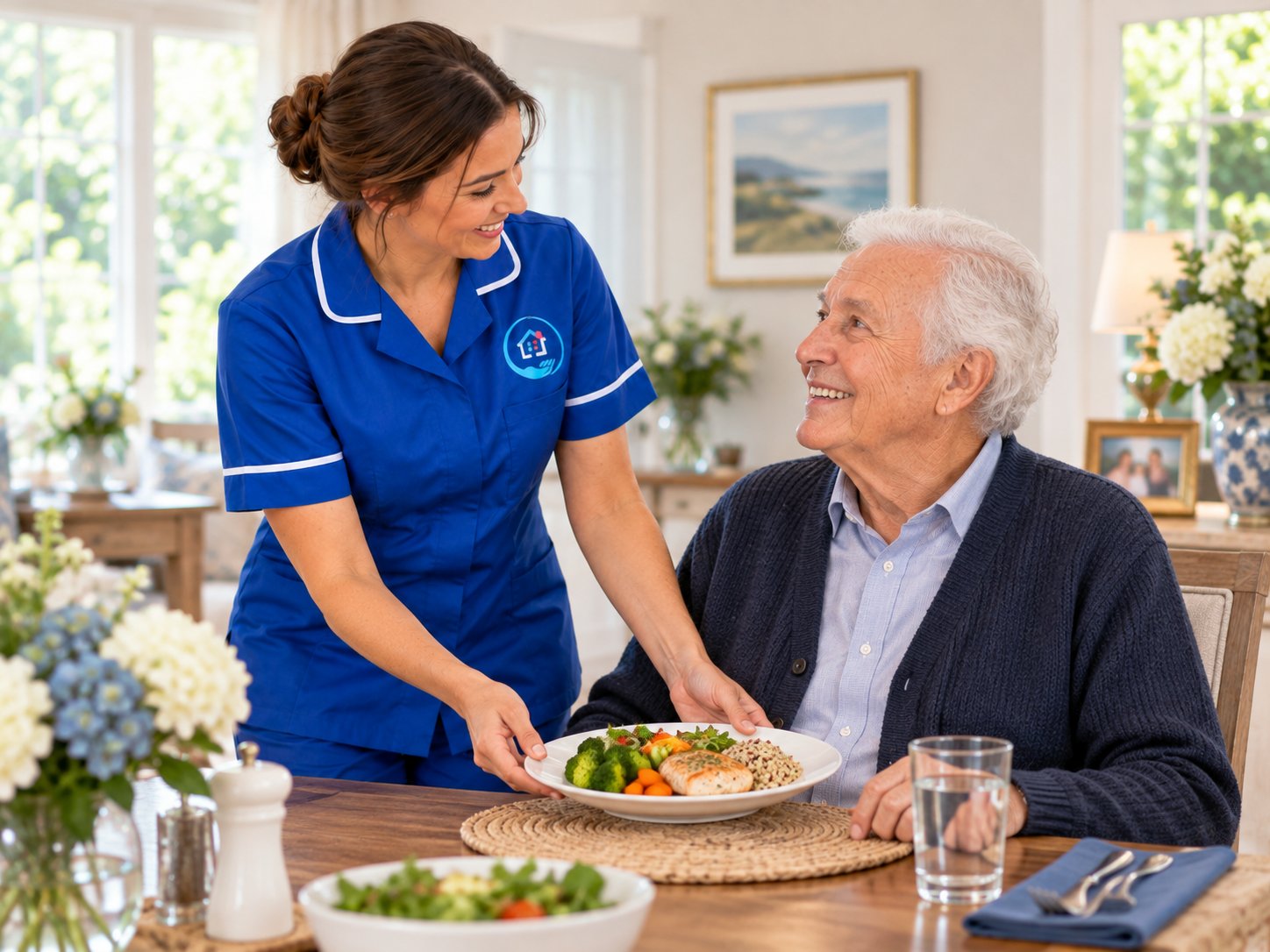 Care staff sitting and talking with a resident in a communal lounge