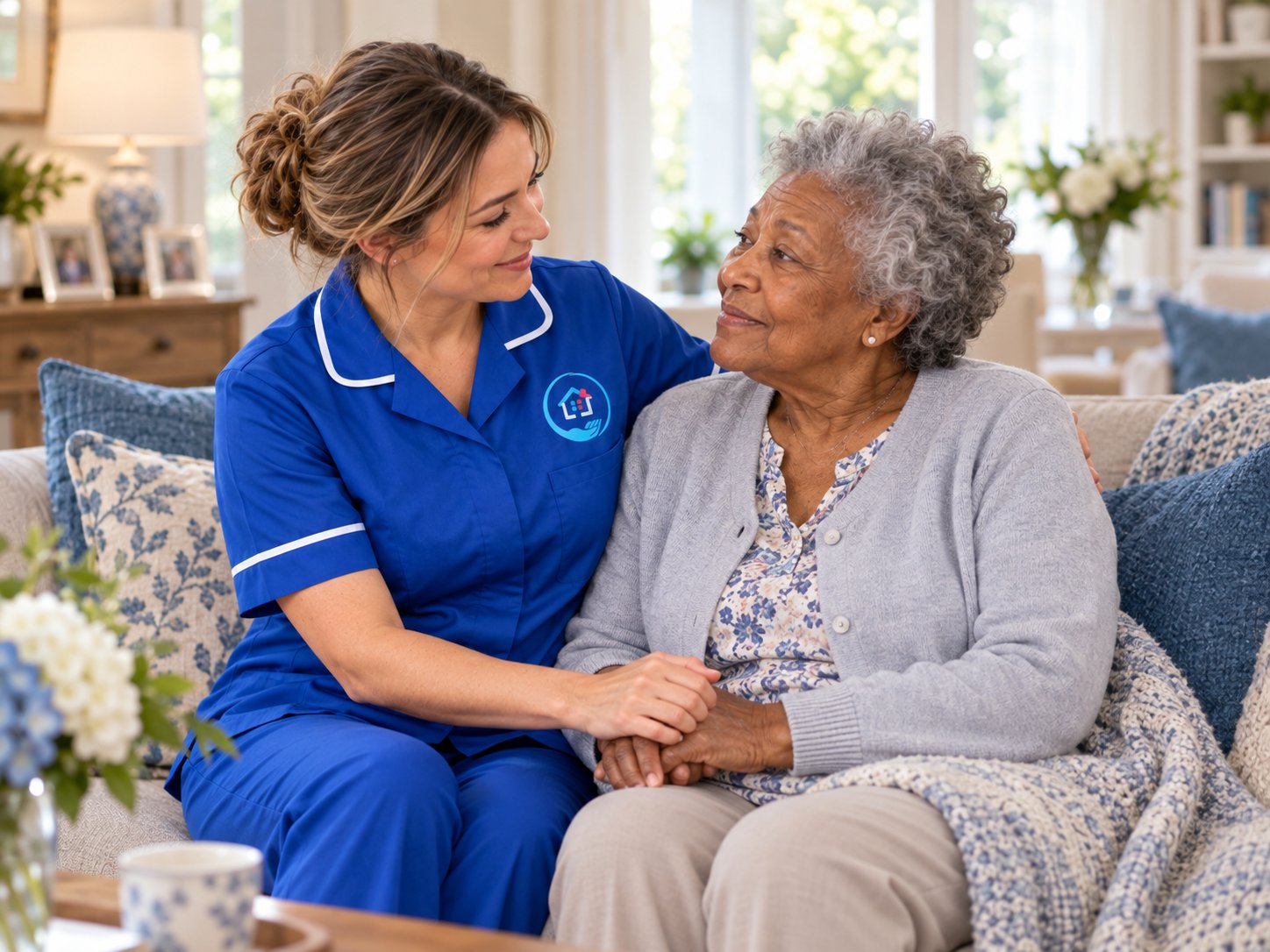 Carer sitting with a person living with a long-term condition at home