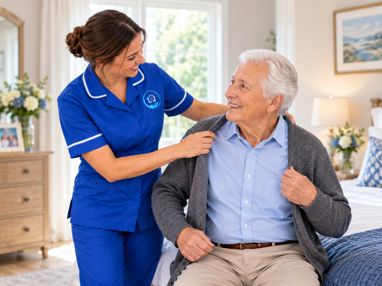Resident and carer sitting together in a communal lounge
