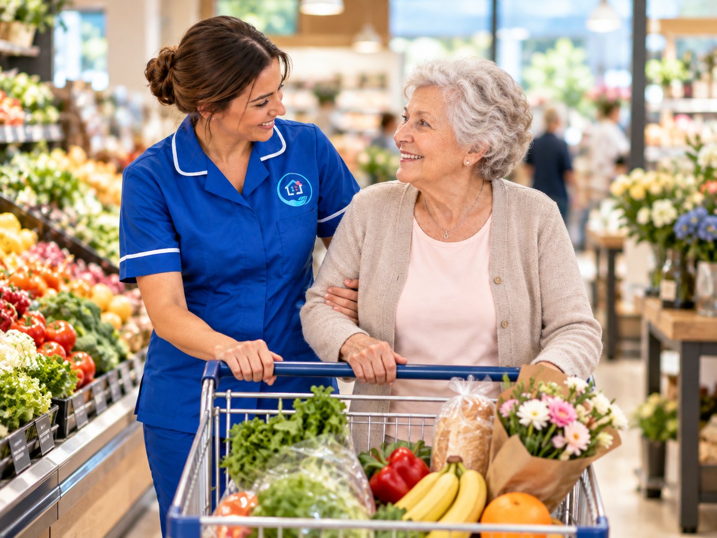 Resident and carer talking together in a communal room