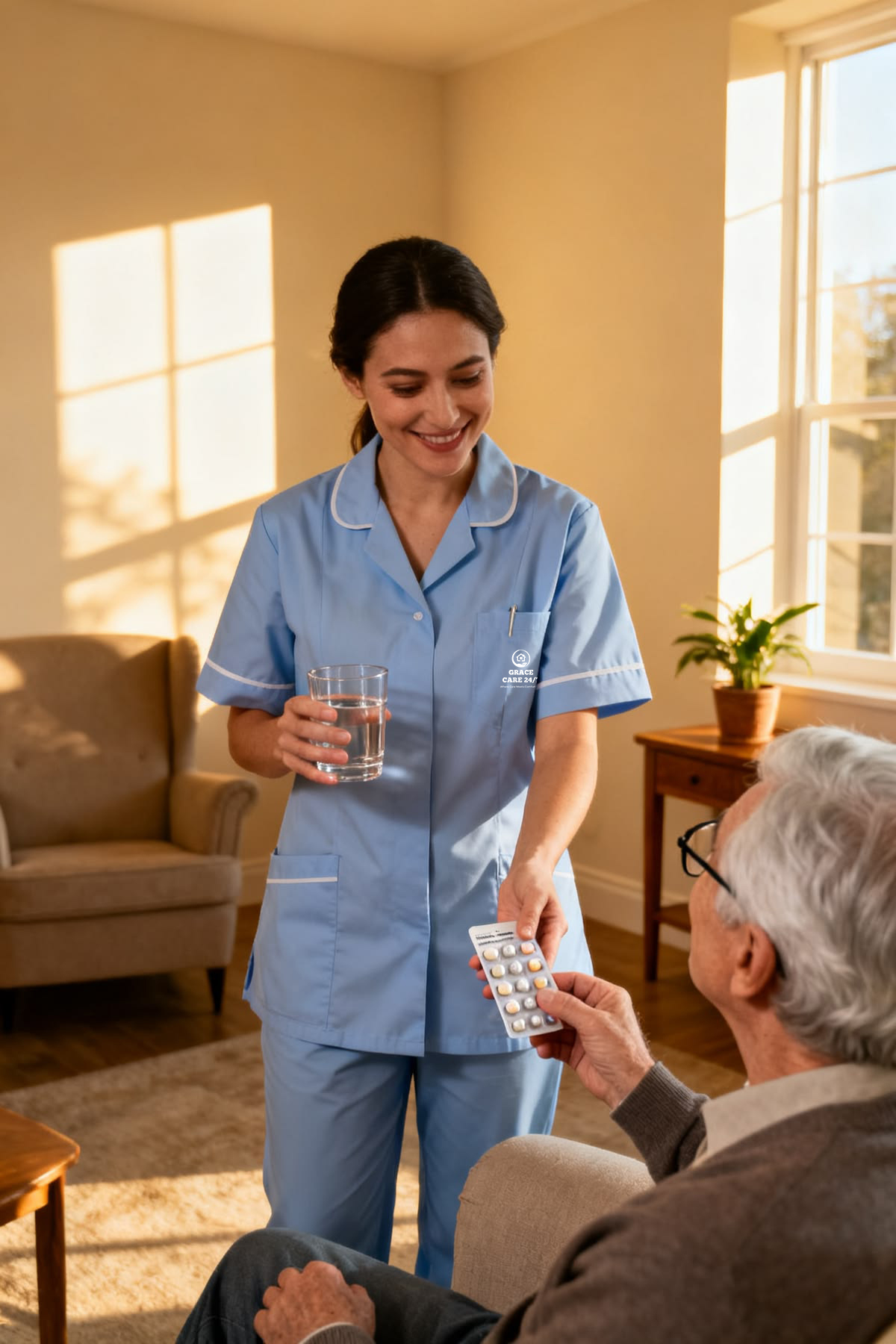 Home carer helping a client on the stairs of a Brighton flat