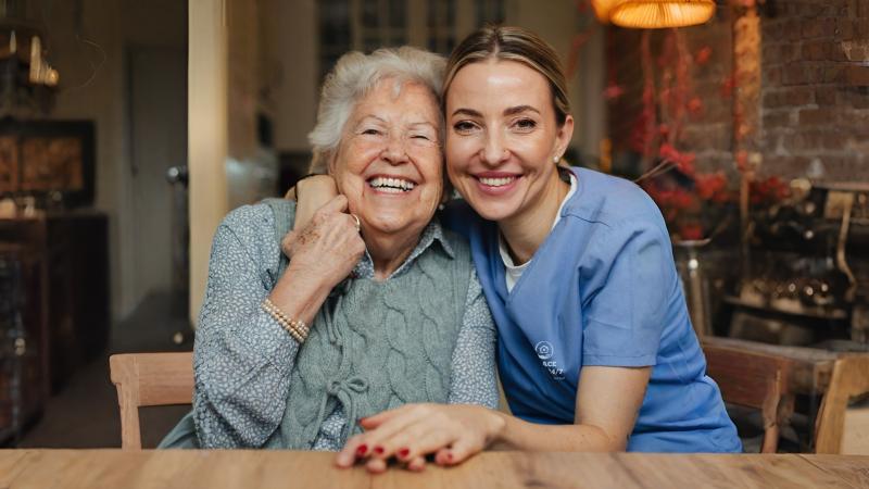 Carer sharing a warm, face-to-face moment with her client at home